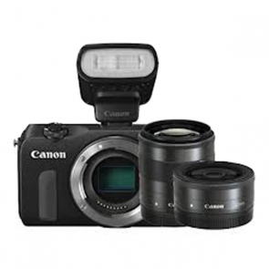 Canon EOS M with 18-55mm, 22mm Lenses, 90EX Flash and EF Adapter Black Digital SLR Camera