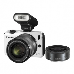 Canon EOS M with 18-55mm, 22mm Lenses, 90EX Flash and EF Adapter White Digital SLR Camera